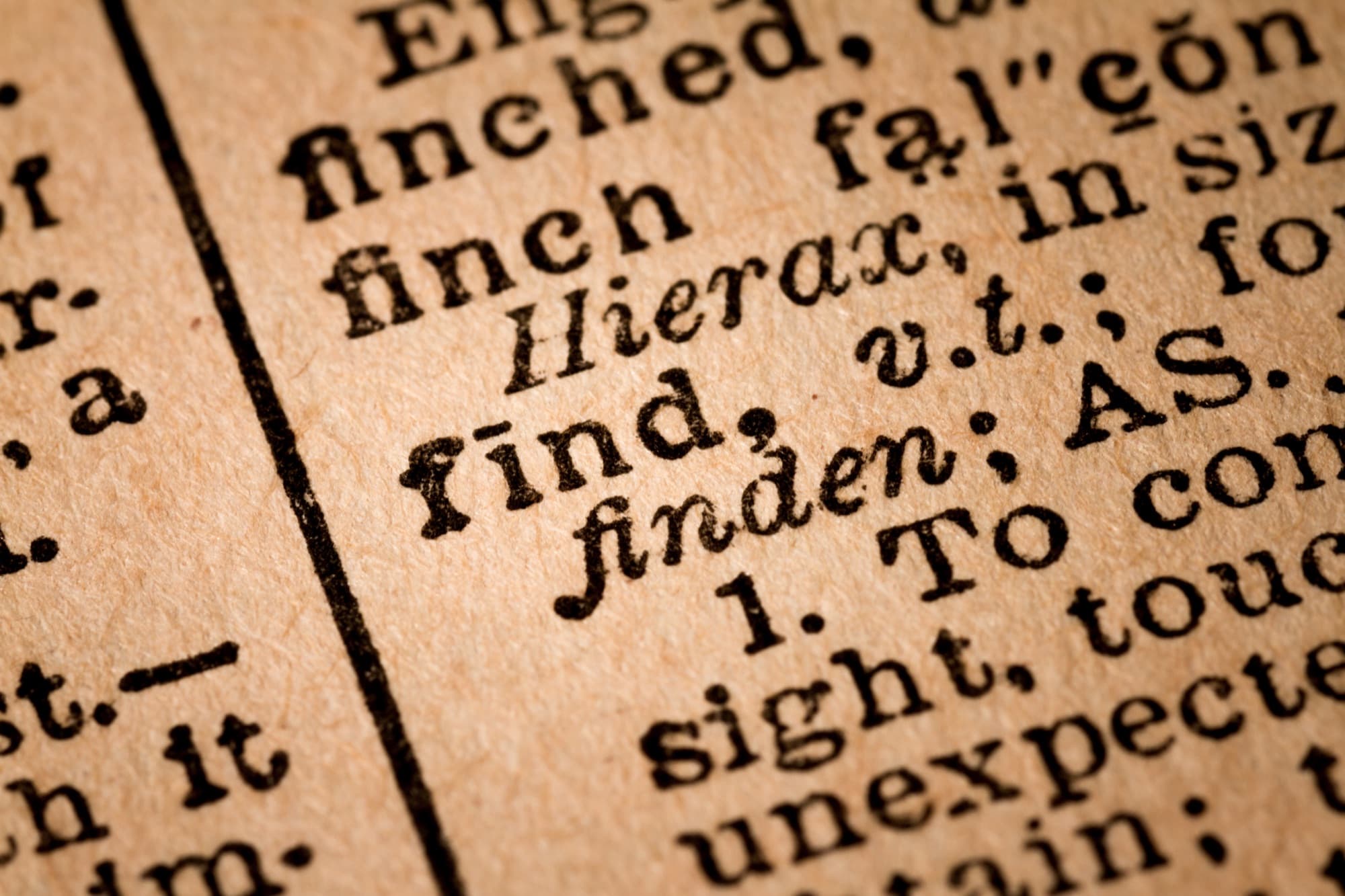Close-up of an opened dictionary showing the word "find."